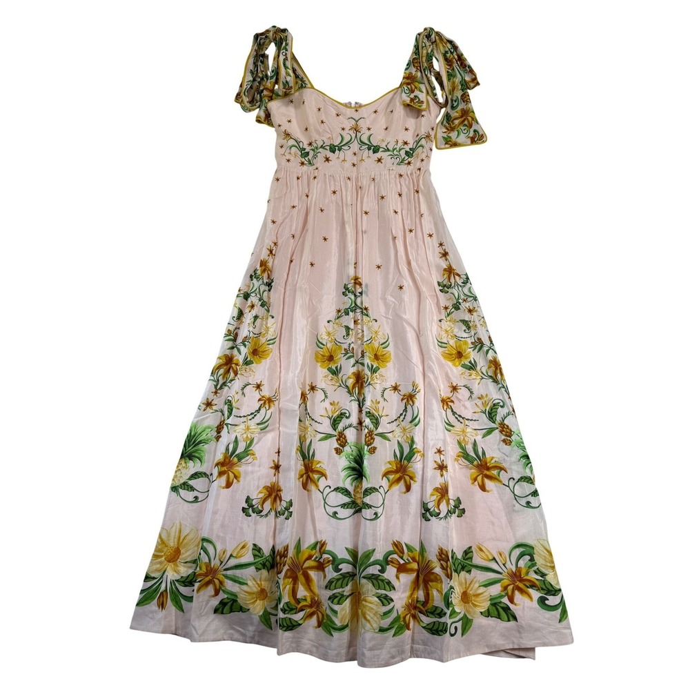 Farm Rio Botanical Beauty Pink Laces Cup Midi Dress Floral Size M 334844